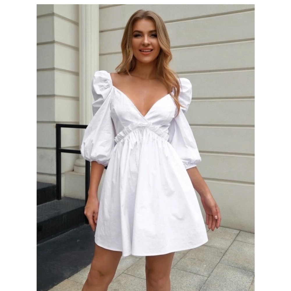 Shein Latern Sleeve Frill Trim Skater Mini Dress in White sz S puff sleeve